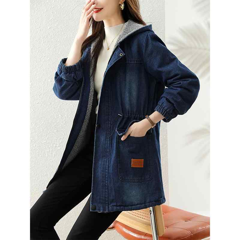 春 コーデ レディース ファッション オシャレ カワイイ シンプル きれいめ ナチュラル 上品カジュアル 婦人服 ウエスト ラムウール ベルベット 厚手 ミドル丈 デニム ジャケット コットンコート ゆったり フード付き