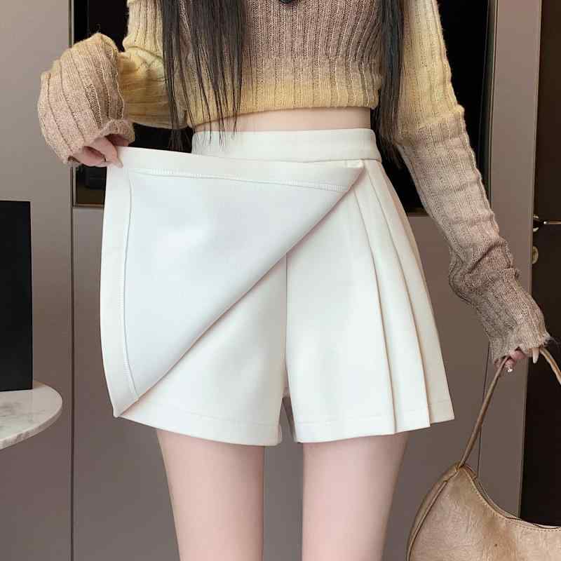 乐天商城 - 春 コーデ レディース ファッション オシャレ カワイイ シンプル きれいめ ナチュラル 上品カジュアル 婦人服 オフホワイト 厚手 ウール スカート ハイウエスト スリム プリーツ Aライン パンツ