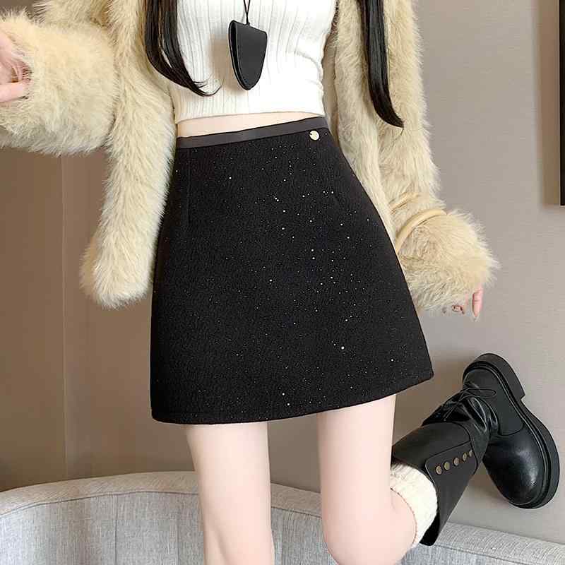 Rakuten - 春 コーデ レディース ファッション オシャレ カワイイ シンプル きれいめ ナチュラル 上品カジュアル 婦人服 黒 スパンコール ウール スカート ハイウエスト スリム 厚手 Aライン スカート