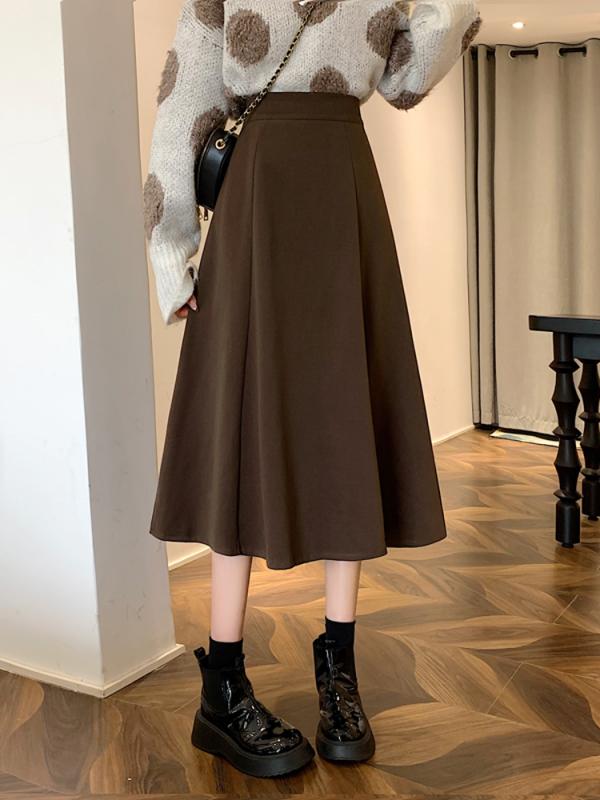 春 コーデ レディース ファッション オシャレ カワイイ シンプル きれいめ ナチュラル 上品カジュアル 婦人服 厚手 ウール スカート ミドル丈 ハイウエスト スリミング ブラウン Aライン プリーツ アンブレラ セーター