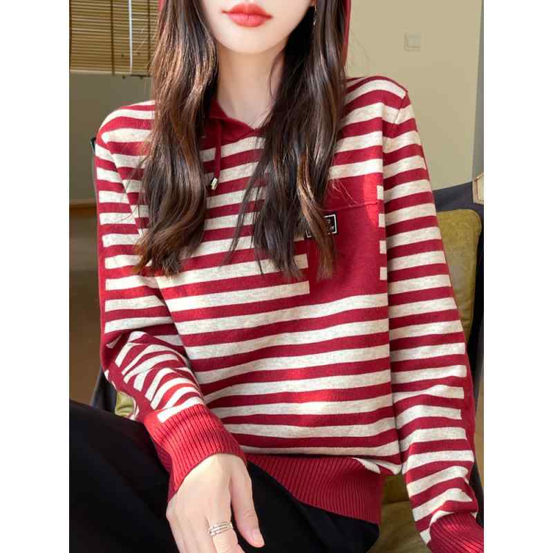 春 コーデ レディース ファッション オシャレ カワイイ シンプル きれいめ ナチュラル 上品カジュアル 婦人服 ストライプ フード付き プルオーバー セーター コート ゆったり トップス パーカー スウェットシャツ