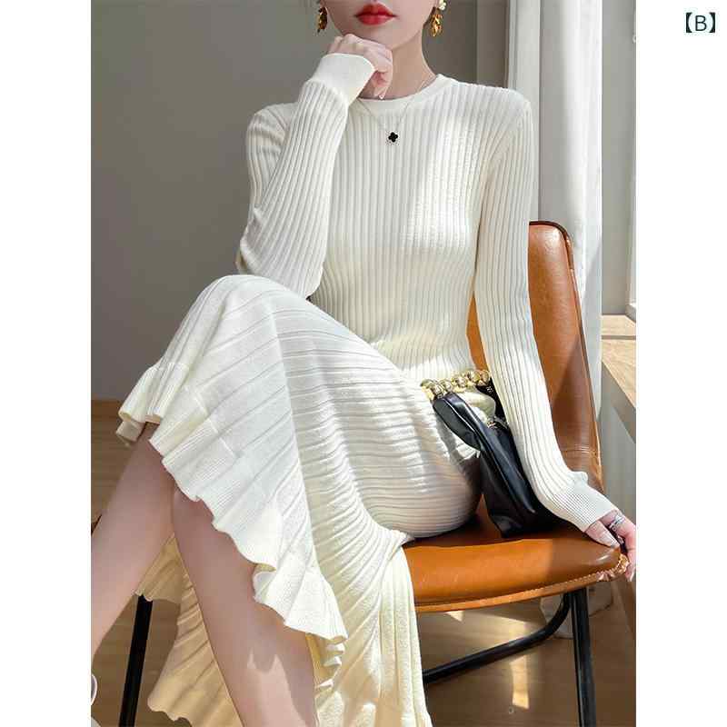 春 コーデ レディース ファッション オシャレ カワイイ シンプル きれいめ ナチュラル 上品カジュアル 婦人服 ニット ドレス スリム ロング カバー フリル フィッシュテール スカート レイヤリング セーター