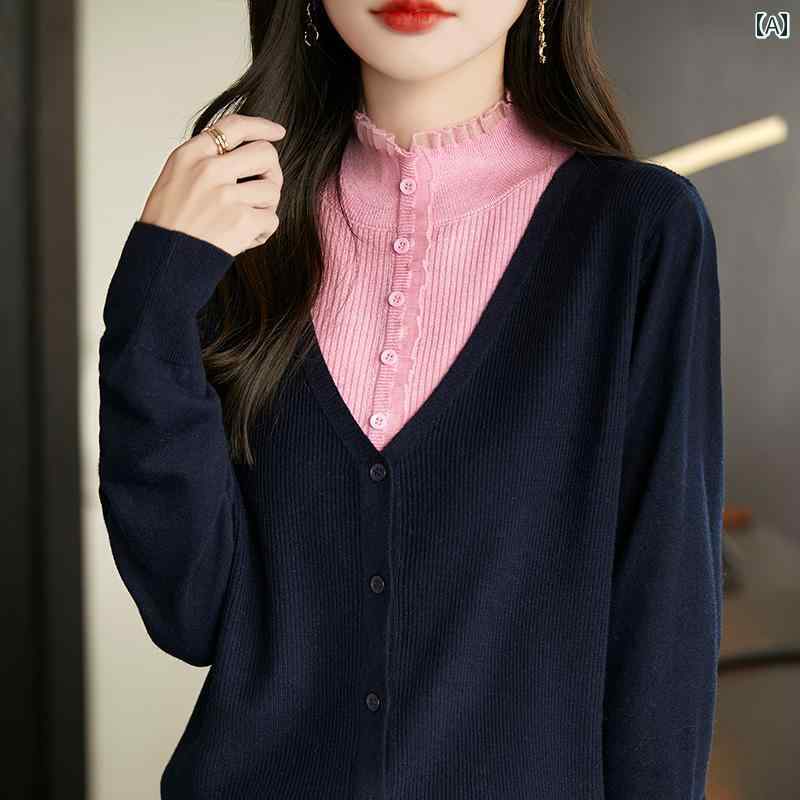 春 コーデ レディース ファッション オシャレ カワイイ シンプル きれいめ ナチュラル 上品カジュアル 婦人服 レース ハーフ タートルネック セーター フェイク ツーピース カラーマッチング カジュアル トップス