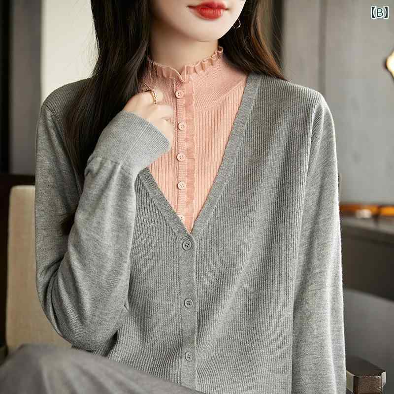 春 コーデ レディース ファッション オシャレ カワイイ シンプル きれいめ ナチュラル 上品カジュアル 婦人服 レース ハーフ タートルネック セーター フェイク ツーピース カラーマッチング カジュアル トップス