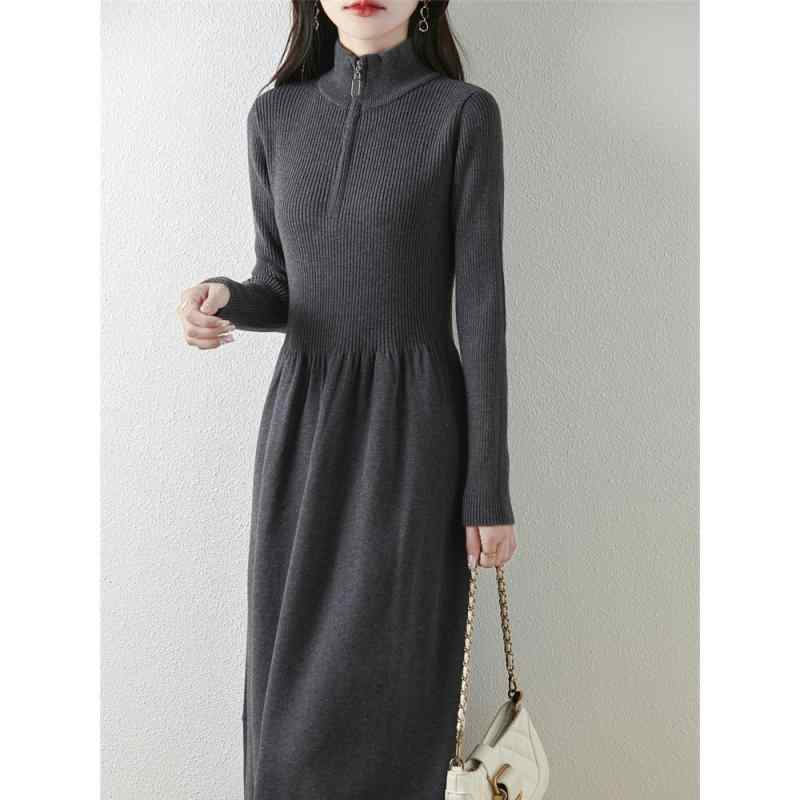 春 コーデ レディース ファッション オシャレ カワイイ シンプル きれいめ ナチュラル 上品カジュアル 婦人服 コート ニット ドレス スタンドカラー ハーフ ジッパー ミドル丈 セーター