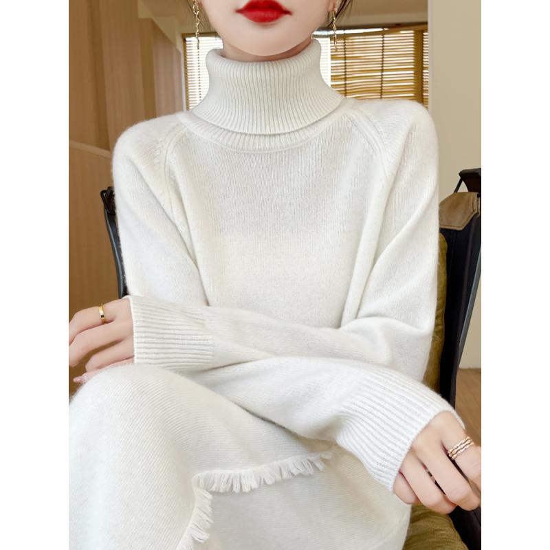 Turtleneck - 春 コーデ レディース ファッション オシャレ カワイイ シンプル きれいめ ナチュラル 上品カジュアル 婦人服 白 タートルネック セーター ウール セーター 長袖 ハイエンド トップス