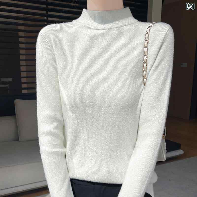 春 コーデ レディース ファッション オシャレ カワイイ シンプル きれいめ ナチュラル 上品カジュアル 婦人服 光沢 ハーフ タートル カラー シャツ ニット セーター コート