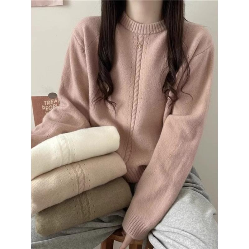 春 コーデ レディース ファッション オシャレ カワイイ シンプル きれいめ ナチュラル 上品カジュアル 婦人服 ツイスト ソリッドカラーラウンドネック セーター アウトドア ニット シャツ