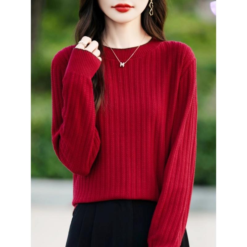 春 コーデ レディース ファッション オシャレ カワイイ シンプル きれいめ ナチュラル 上品カジュアル 婦人服 コットン ニット シャツ ラウンドネック 長袖 スリム プルオーバー セーター トップス