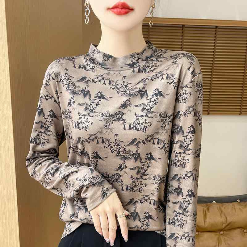 乐天商城 - 春 コーデ レディース ファッション オシャレ カワイイ シンプル きれいめ ナチュラル 上品カジュアル 婦人服 ベルベット 防寒 ハーフ タートルネック セーター スタイリッシュ プリント レイヤリング シャツ インナートップ