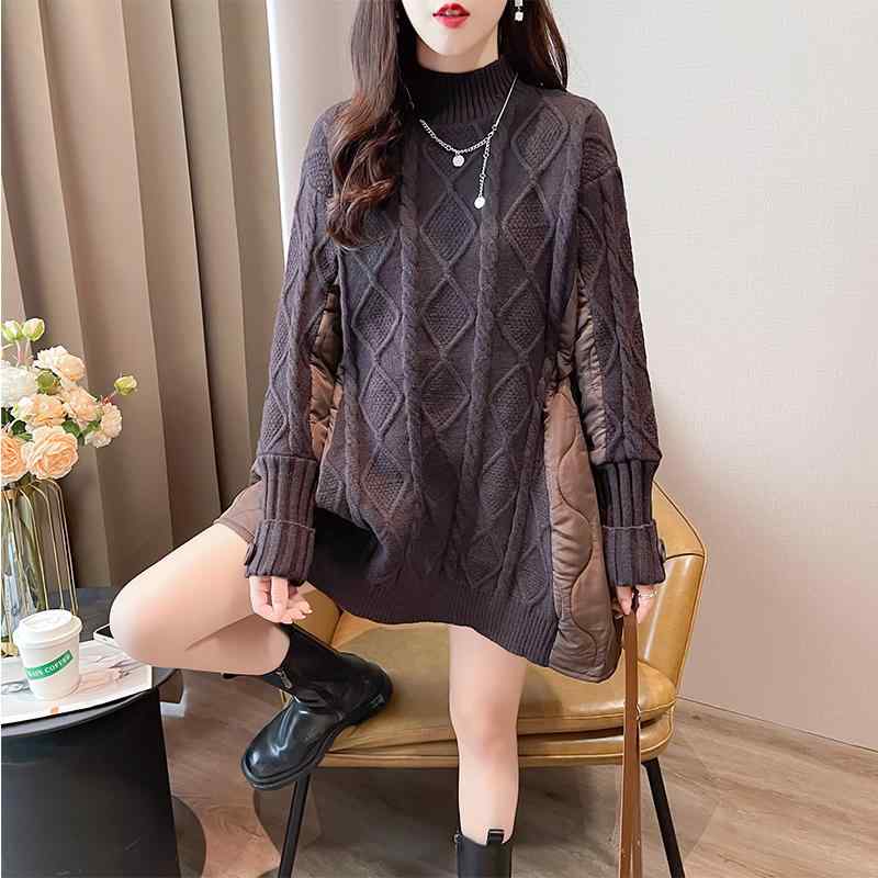 春 コーデ レディース ファッション オシャレ カワイイ シンプル きれいめ ナチュラル 上品カジュアル 婦人服 厚手 ニットアウター タートルネック セーター ダウン コットン ジャケット ミドル丈 Aライン