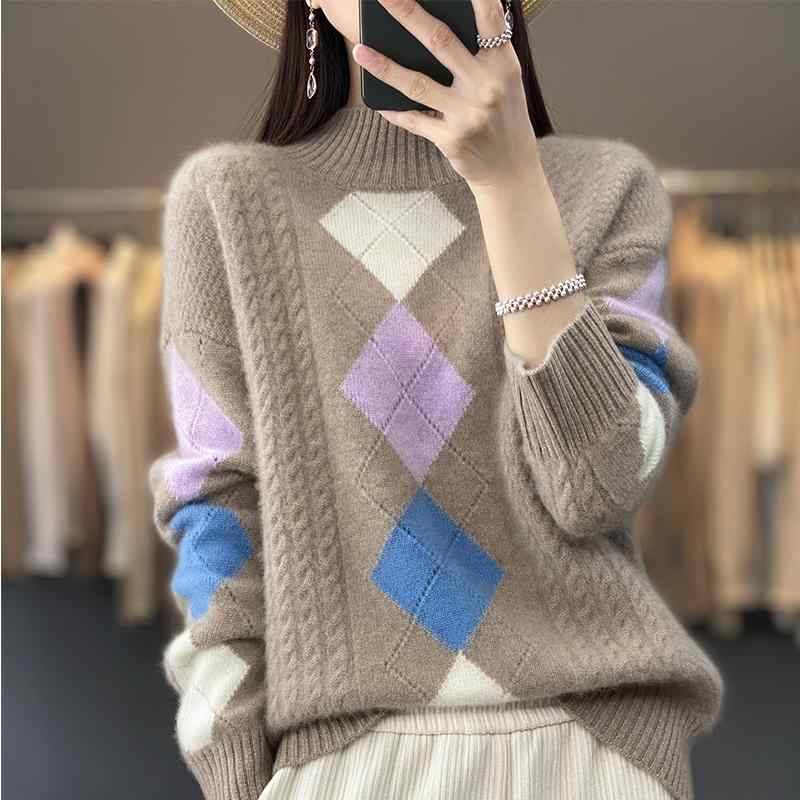 春 コーデ レディース ファッション オシャレ カワイイ シンプル きれいめ ナチュラル 上品カジュアル 婦人服 ハーフ タートルネック 菱形 カラー ブロック セーター レイヤリング ニット