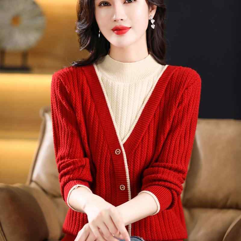 乐天商城 - 春 コーデ レディース ファッション オシャレ カワイイ シンプル きれいめ ナチュラル 上品カジュアル 婦人服 フェイク ツーピース セーター ハイエンド ニット レイヤリング シャツ 厚手