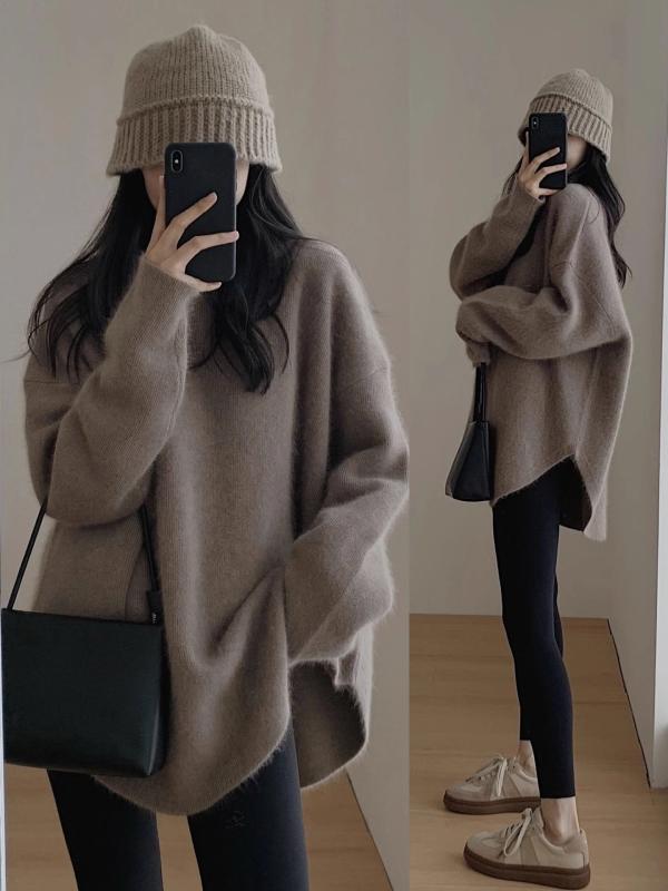 春 コーデ レディース ファッション オシャレ カワイイ シンプル きれいめ ナチュラル 上品カジュアル 婦人服 ベルベット プルオーバー セーター ミディアム丈 厚手 スリット
