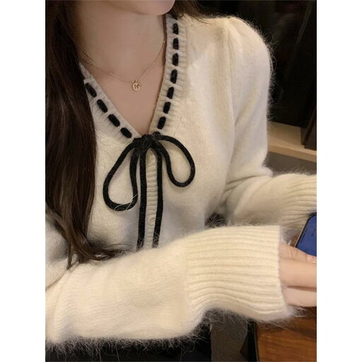 春 コーデ レディース ファッション オシャレ カワイイ シンプル きれいめ ナチュラル 上品カジュアル 婦人服 ホワイト リボン Vネック セーター 厚手 シャツ 春 コーデ レディース ファッション オシャレ カワイイ シンプル きれいめ ナチュラル 上品カジュアル 婦人服 ホワイト リボン Vネック セーター 厚手 シャツ