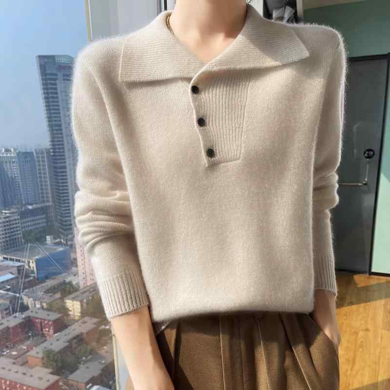 春 コーデ レディース ファッション オシャレ カワイイ シンプル きれいめ ナチュラル 上品カジュアル 婦人服 ボタン付き 厚手 プルオーバー ニット レイヤリング シャツ