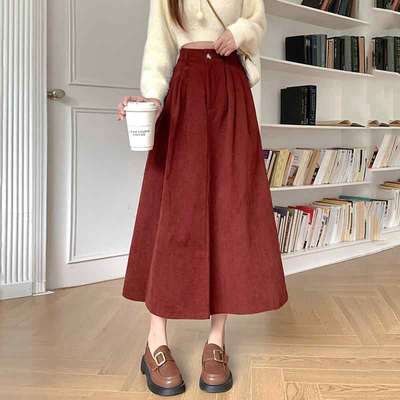 春 コーデ レディース ファッション オシャレ カワイイ シンプル きれいめ ナチュラル 上品カジュアル 婦人服 厚手 赤 コーデュロイスカート ミドル丈 ストレッチ ハイウエスト スリム Aライン ロング スカートのサムネイル