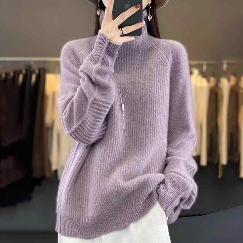 Three-Quarter Knit - 春 コーデ レディース ファッション オシャレ カワイイ シンプル きれいめ ナチュラル 上品カジュアル 婦人服 ハーフ タートルネック 厚手 無地 ウール ニット セーター ゆったり 長袖 トップス