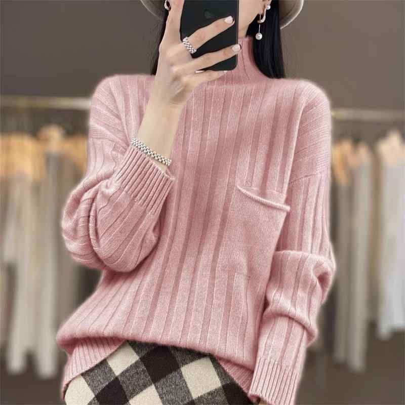 春 コーデ レディース ファッション オシャレ カワイイ シンプル きれいめ ナチュラル 上品カジュアル 婦人服 ハーフ タートルネック セーター 厚手 ニット レイヤリング シャツ トップス