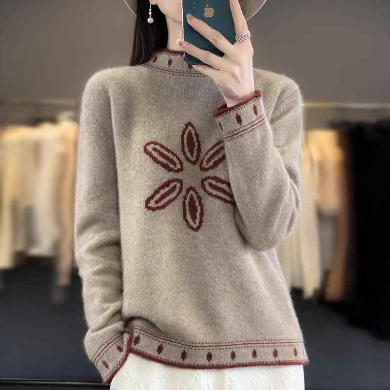 春 コーデ レディース ファッション オシャレ カワイイ シンプル きれいめ ナチュラル 上品カジュアル 婦人服 ハーフ タートルネック ジャカード セーター ハイエンド ソフト セーター