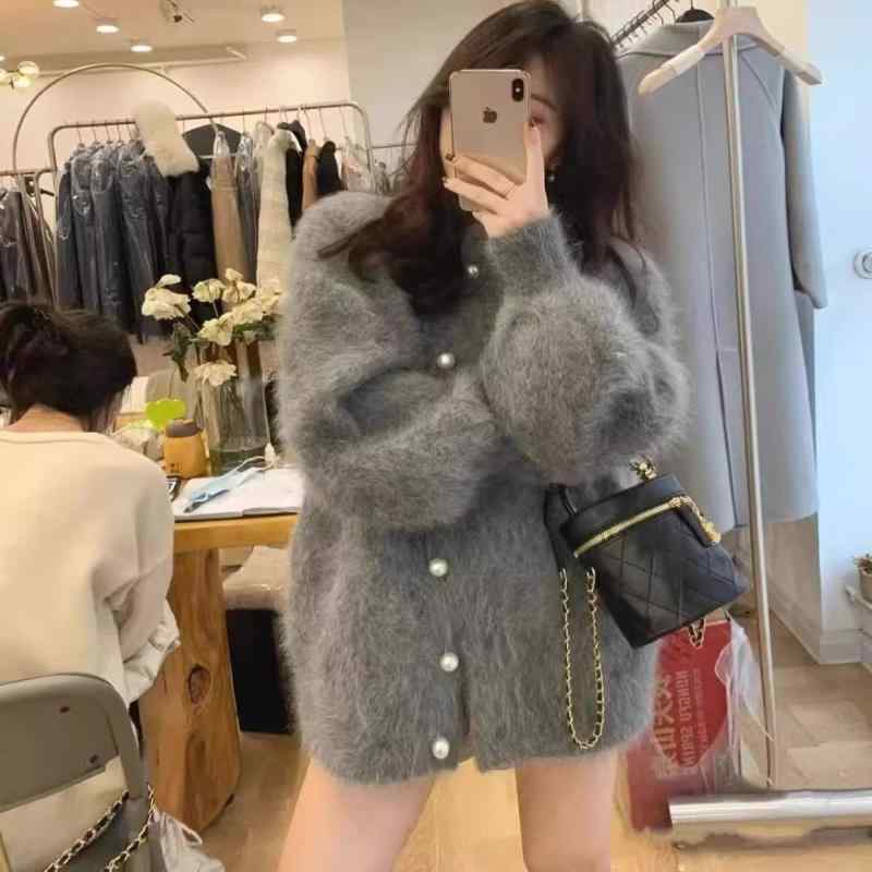 春 コーデ レディース ファッション オシャレ カワイイ シンプル きれいめ ナチュラル 上品カジュアル 婦人服 グレー フリース セーター コート クラシック ハイエンド ソフト 厚手 ニット カーディガン トップス