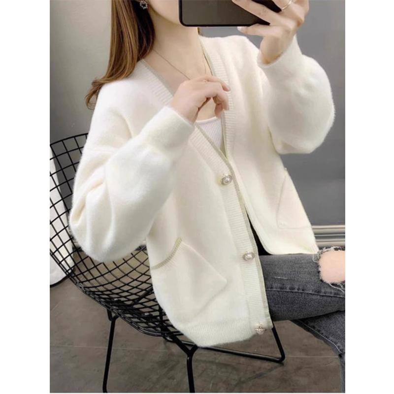 春 コーデ レディース ファッション オシャレ カワイイ シンプル きれいめ ナチュラル 上品カジュアル 婦人服 ベルベット 厚手 セーター ネット ゆったり ニット カーディガン コート
