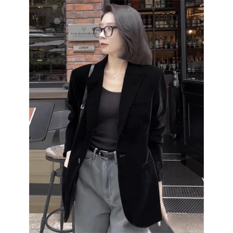 春 コーデ レディース ファッション オシャレ カワイイ シンプル きれいめ ナチュラル 上品カジュアル 婦人服 黒 ベルベットスーツ ジャケット ハイエンド サイズ パッド入り 厚手 スーツ トップス