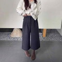 春 コーデ レディース ファッション オシャレ カワイイ シンプル きれいめ ナチュラル 上品カジュアル 婦人服 大きいサイズ 厚手 ウール ワイドレッグ パンツ ハイウエスト ゆったり スリム ストレート カジュアル 九分丈