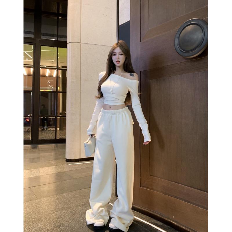 春 コーデ レディース ファッション オシャレ カワイイ シンプル きれいめ ナチュラル 上品カジュアル 婦人服 カジュアル スーツ オフショルダー タイト トップス 厚手 ズボン ツーピース