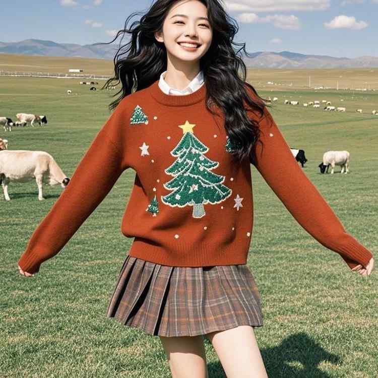 春 コーデ レディース ファッション オシャレ カワイイ シンプル きれいめ ナチュラル 上品カジュアル 婦人服 フレンチ クリスマス ツリー 赤 セーター トップス