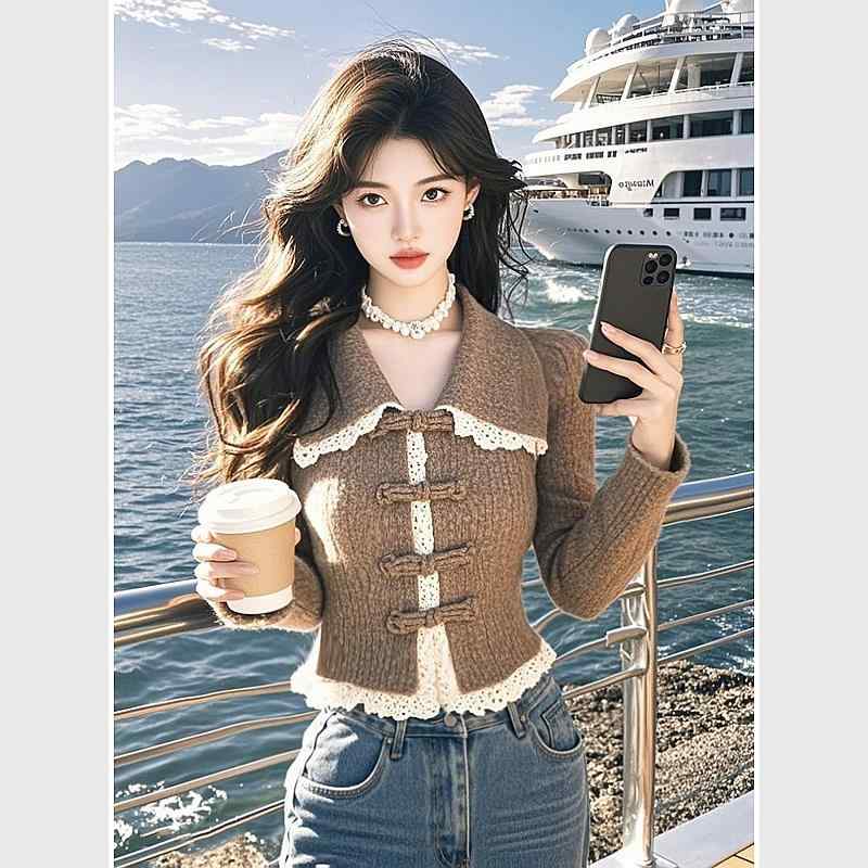 春 コーデ レディース ファッション オシャレ カワイイ シンプル きれいめ ナチュラル 上品カジュアル 婦人服 チャイニーズ ブラウン セーター ソフト インナーボトム ニット トップス