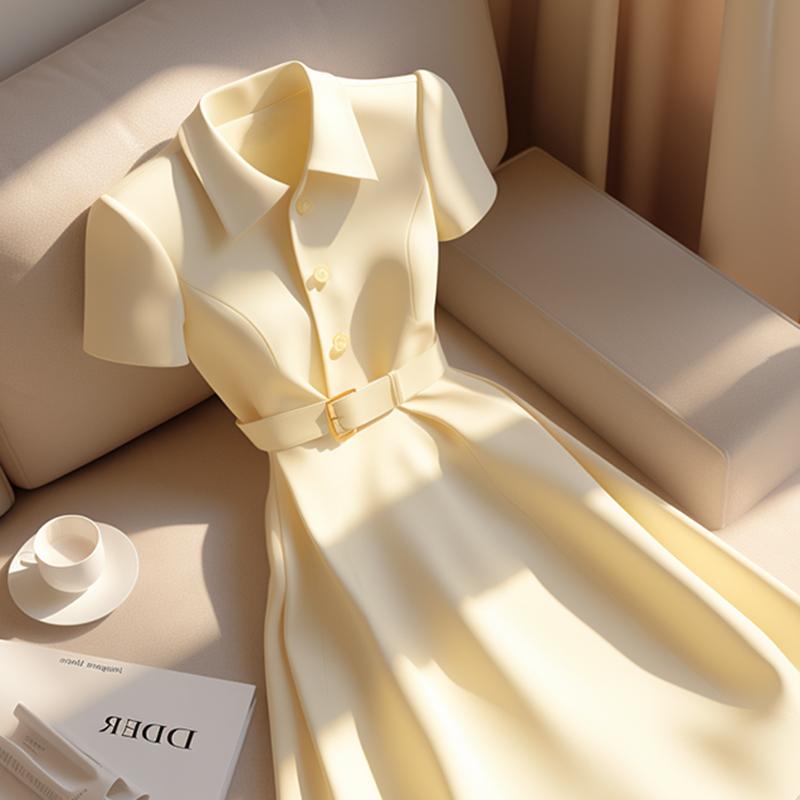 春 コーデ レディース ファッション オシャレ カワイイ シンプル きれいめ ナチュラル 上品カジュアル 婦人服 フォーマル シーン Aライン スカート 夏 ハイエンド イエロー シャツ ドレス