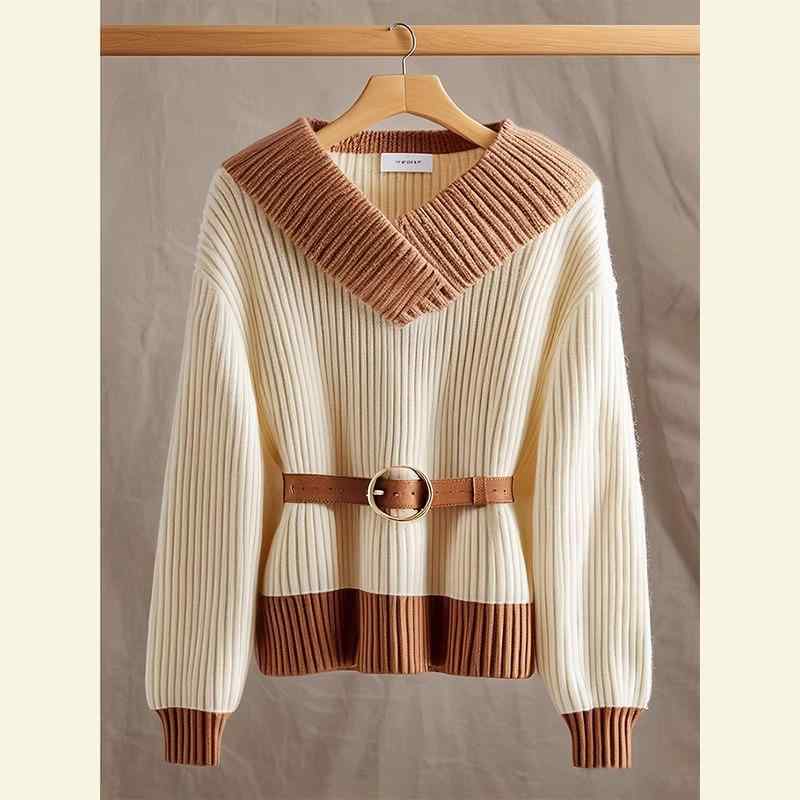 春 コーデ レディース ファッション オシャレ カワイイ シンプル きれいめ ナチュラル 上品カジュアル 婦人服 ファー トップス ホワイト ブラウン Vネック セーター