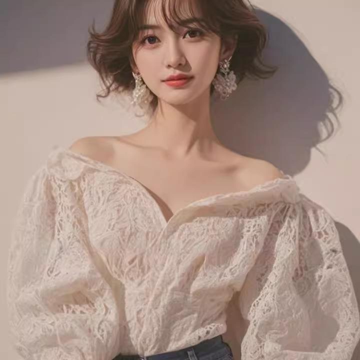 春 コーデ レディース ファッション オシャレ カワイイ シンプル きれいめ ナチュラル 上品カジュアル 婦人服 レース パフスリーブ トップス スリムフィット シャツ