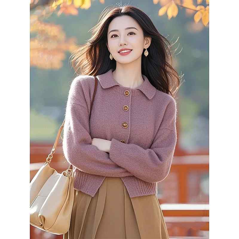 长袖 - 春 コーデ レディース ファッション オシャレ カワイイ シンプル きれいめ ナチュラル 上品カジュアル 婦人服 通勤ウェア トップス スリム ピンクパープル ニット カーディガン