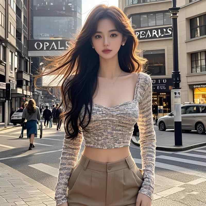 Print - 春 コーデ レディース ファッション オシャレ カワイイ シンプル きれいめ ナチュラル 上品カジュアル 婦人服 プリントインナー ベース レイヤー トップス 長袖 ハイエンド スリムフィット Tシャツ