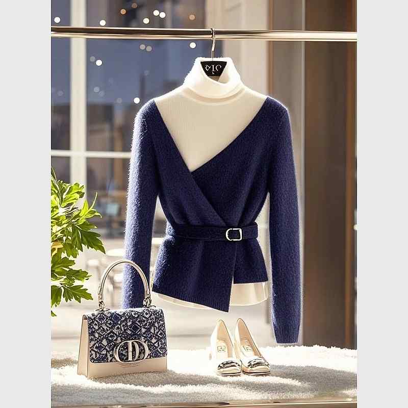 春 コーデ レディース ファッション オシャレ カワイイ シンプル きれいめ ナチュラル 上品カジュアル 婦人服 通勤ウェア タイト セーター ウエスト ブルー フェイク ツーピース タートルネック セーター