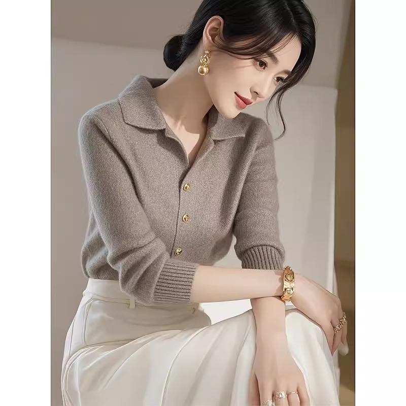 春 コーデ レディース ファッション オシャレ カワイイ シンプル きれいめ ナチュラル 上品カジュアル 婦人服 ポロカラー 長袖 セーター 通勤ウェア ハイエンド トップス フレンチ スリム アウター ベース