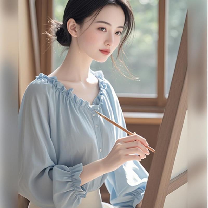 春 コーデ レディース ファッション オシャレ カワイイ シンプル きれいめ ナチュラル 上品カジュアル 婦人服 フレンチ 青 長袖 シャツ トップス(4.0)