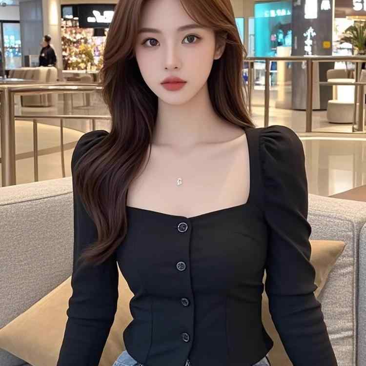 Rakuten - 春 コーデ レディース ファッション オシャレ カワイイ シンプル きれいめ ナチュラル 上品カジュアル 婦人服 黒 スクエアネック 長袖 シャツ スリム トップス
