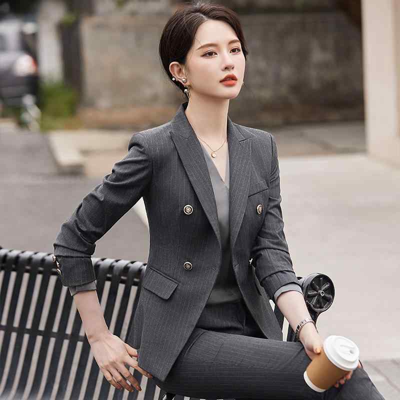 春 コーデ レディース ファッション オシャレ カワイイ シンプル きれいめ ナチュラル 上品カジュアル 婦人服 ストライプ スーツ 長袖 フォーマルウェア カジュアル スーツ