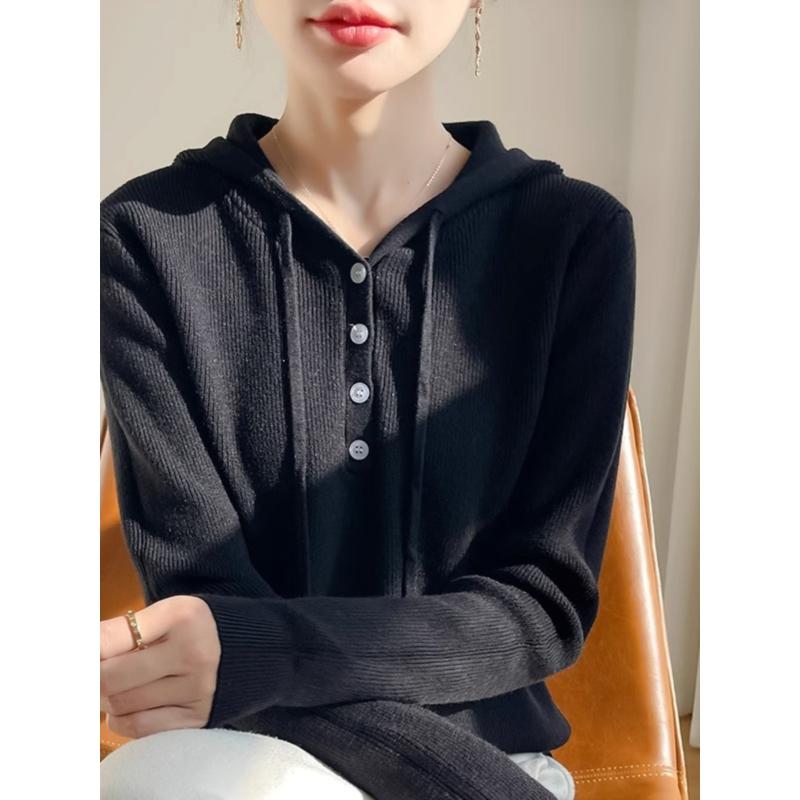 春 コーデ レディース ファッション オシャレ カワイイ シンプル きれいめ ナチュラル 上品カジュアル 婦人服 フード付き セーター カジュアル ハーフ オープン カラー 無地 トレーナー パーカー