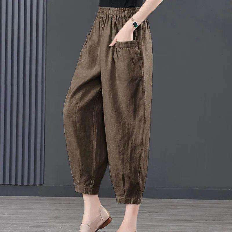 Cotton - 春 コーデ レディース ファッション オシャレ カワイイ シンプル きれいめ ナチュラル 上品カジュアル 婦人服 コットンリネン 九分丈 パンツ ストレッチ ハイウエスト 夏