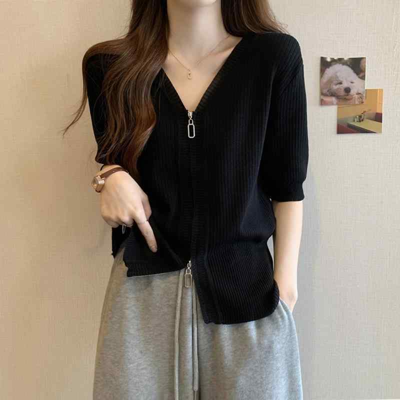 春 コーデ レディース ファッション オシャレ カワイイ シンプル きれいめ ナチュラル 上品カジュアル 婦人服 半袖 セーター 夏 スリム ジッパー フロント ショルダー