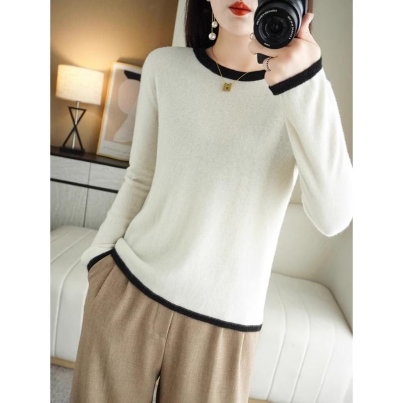 春 コーデ レディース ファッション オシャレ カワイイ シンプル きれいめ ナチュラル 上品カジュアル 婦人服 ラウンドネック スリムフィット トップス セーター カラー ブロック 長袖 ウール