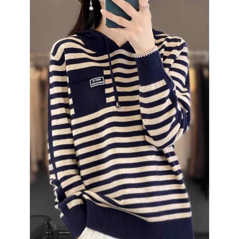 春 コーデ レディース ファッション オシャレ カワイイ シンプル きれいめ ナチュラル 上品カジュアル 婦人服 ストライプ フード付き セーター コート ゆったり トップス パーカー スウェットシャツ
