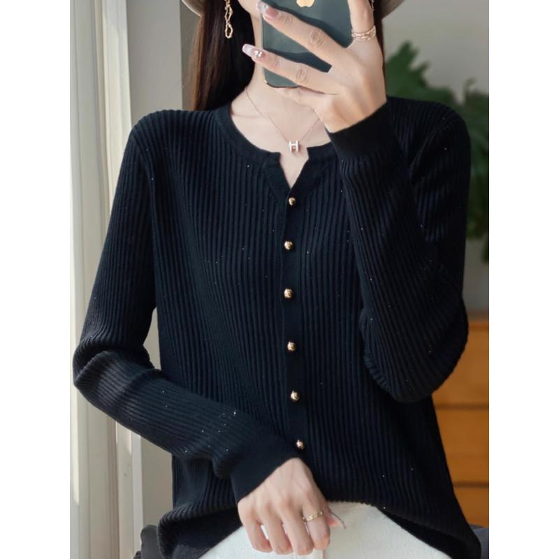 春 コーデ レディース ファッション オシャレ カワイイ シンプル きれいめ ナチュラル 上品カジュアル 婦人服 ソフト Vネック ストライプ ニット カーディガン スリム ジャケット トップス