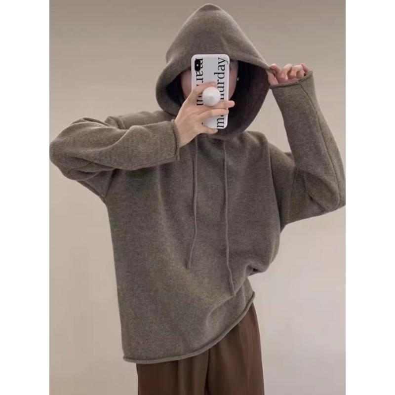 春 コーデ レディース ファッション オシャレ カワイイ シンプル きれいめ ナチュラル 上品カジュアル 婦人服 セーター フード付き スウェットシャツ プルオーバー パーカー 無地 ウール ベース レイヤー
