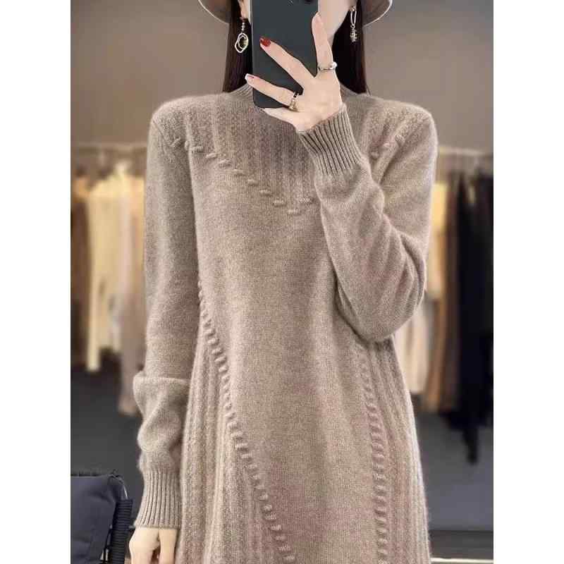 春 コーデ レディース ファッション オシャレ カワイイ シンプル きれいめ ナチュラル 上品カジュアル 婦人服 ミドル丈 セーター ドレス ハーフ タートルネック カバー ニット カーディガン