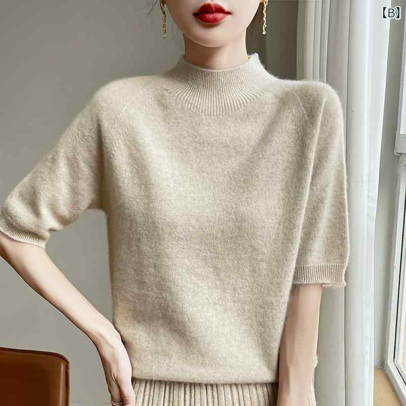 春 コーデ レディース ファッション オシャレ カワイイ シンプル きれいめ ナチュラル 上品カジュアル 婦人服 秋第 ライン 五分袖 レイヤリング シャツ ハーフ タートルネック セーター ミッド スリーブ セーター ゆったり インナー
